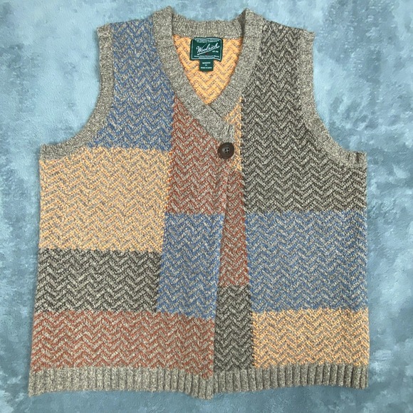 Woolrich Womens Sweater Vest XL Multi Patchwork Lambswool Blend Chevron - Picture 3 of 10